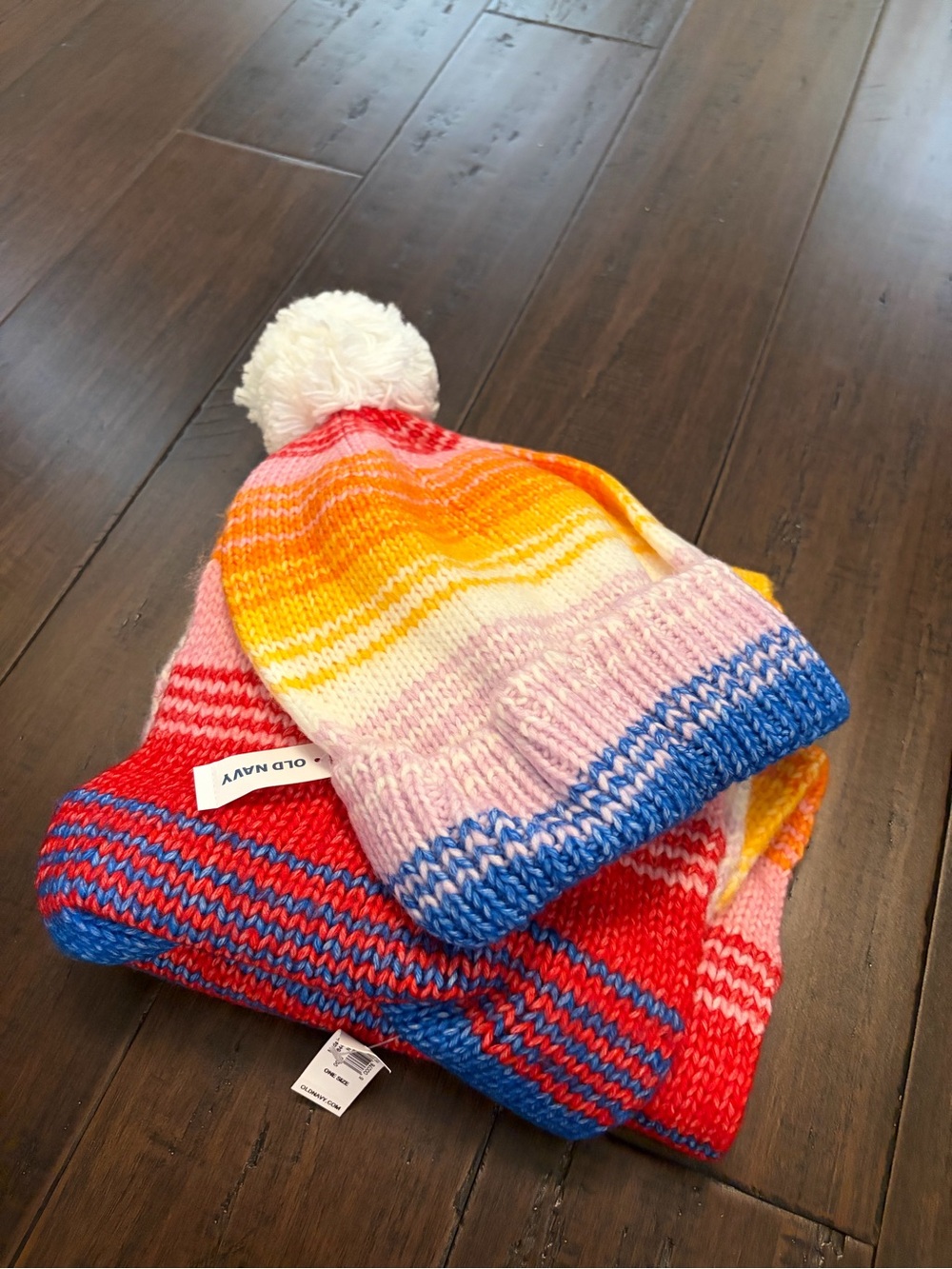 Old NavyGradient Stripe Pom Beanie and scarf in Pink, Yellow, Blue and White